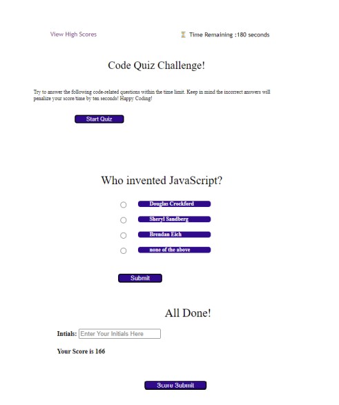 snippet of my code quiz web page
